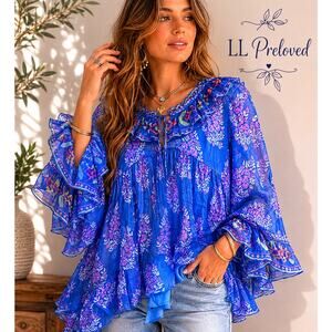 Johnny Was Jade Blue Floral Silk Ruffle Peasant‎ Blouse Tunic XS NWT MSRP $375